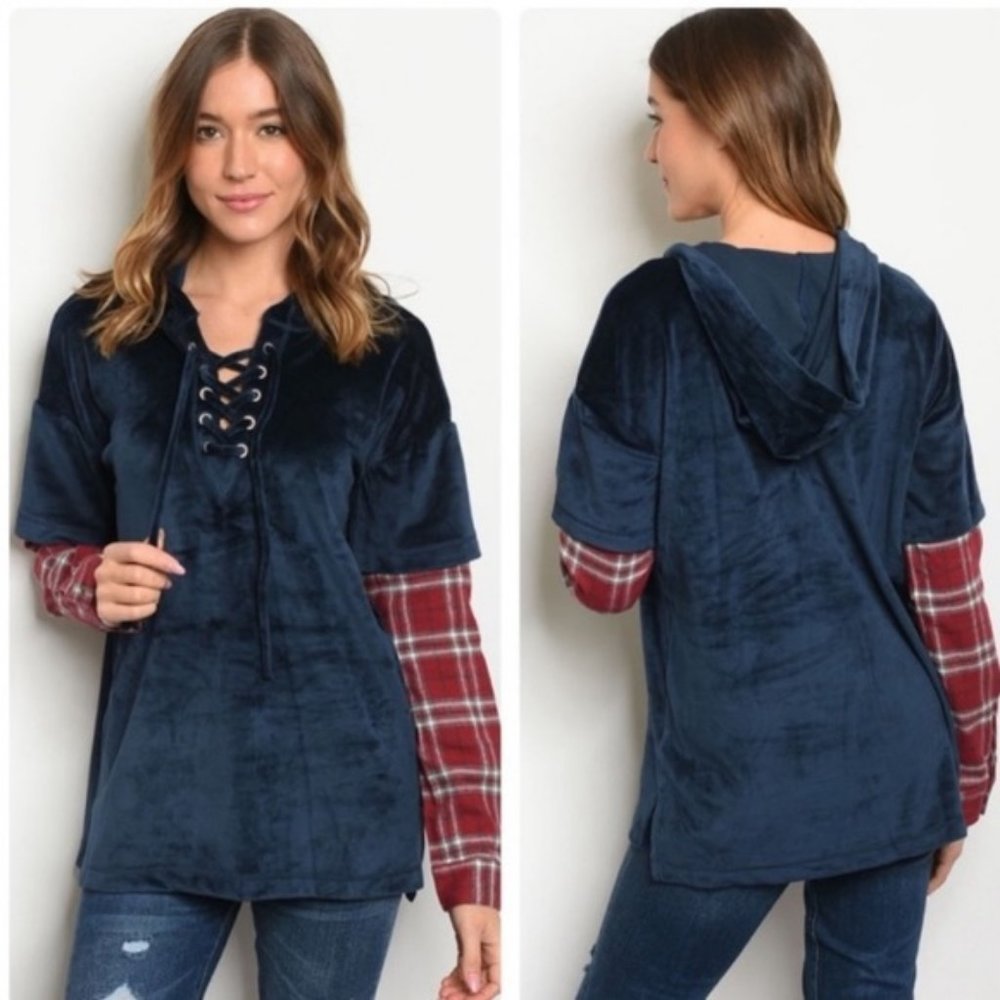 Navy Velvety Top with Plaid Sleeves NWT